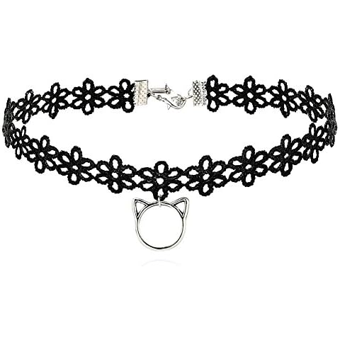 ELBLUVF Silver Rosegold Plated Cat Black Flower Lace Chocker Necklace Cat Chocker Necklace For Women (Silver cat) Cover