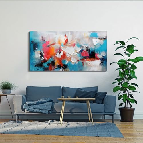 Image of Large bstract Wall Art Canvas Wall Art for Living Room Hand-Painted Art in Blue and Pink Office Wall Decor Paintings for Wall Decorations Modern Wall Decor for Bedrooms and dining Room 29x58in