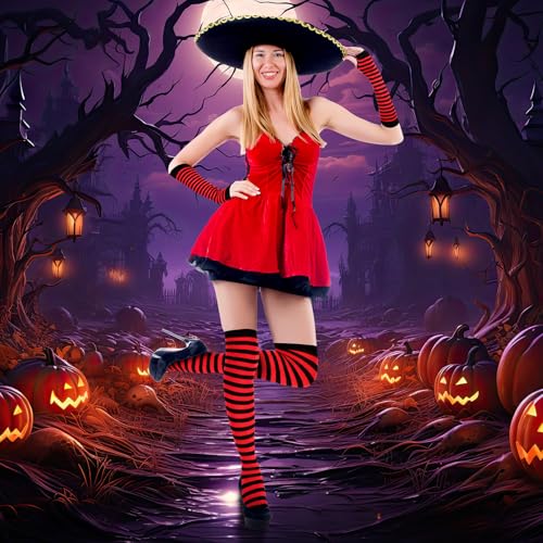 Image of Geyoga Arm Warmers Leg Warmers Striped Thigh High Socks Fingerless Gloves Stockings Christmas Halloween