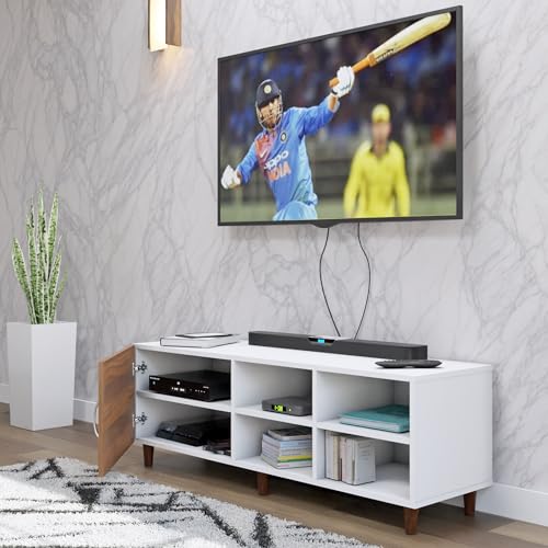 Image of VIKI Modern TV Unit for Living Room | Engineered Wood TV Cabinet with 1 Door Storage & 2 Open Shelves, Entertainment Unit, 140W x 48H x 40D cm | DIY | 1 Year Warranty (White & Walnut)