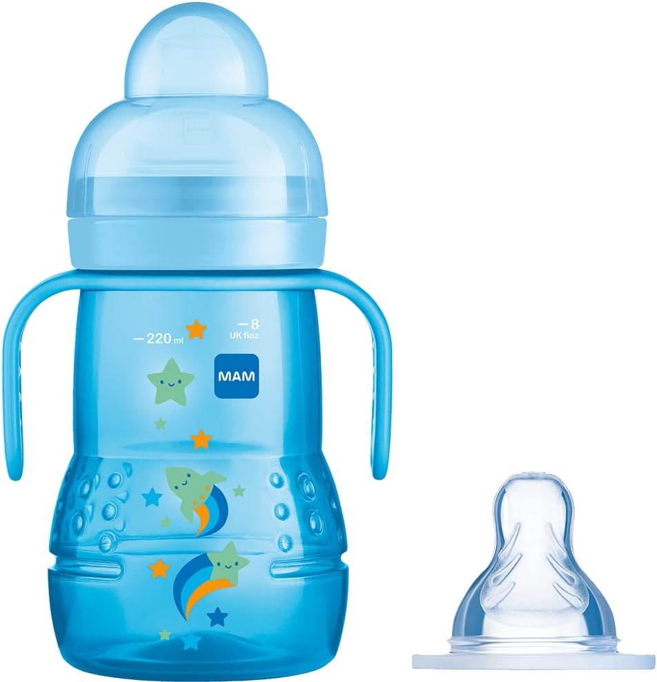 Trainer+ Baby Bottle | 1 Pack (1 x 220ml) | Suitable from 4+ Months for Independent Drinking | Comes with Free Fast Flow MAM Teat Size 3 | Spill-Free | Blue (Various Designs)