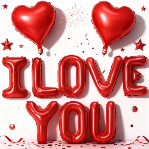 Image of I Love You Balloons Banner and Heart Shaped Balloon, Love Balloons Decorations for Him Her I Heart You Valentines Day Balloon for Valentine Day Romantic Wedding Anniversary Engagement Party Supplies