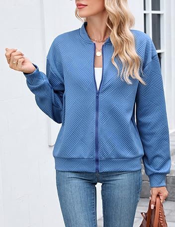 WROLEM Womens Casual Zip up Jackets Comfy Long Sleeve Textured Bomber Jacket Coat Loose Fit Fashion Outfits - Image 4