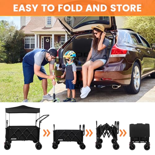 3 in 1 Collapsible Wagon with 300lbs Weight Capacity,150L Heavy Duty Utility Cart with Removable Canopy,with Big All-Terrain Beach Wheels & Drink Holders,Black