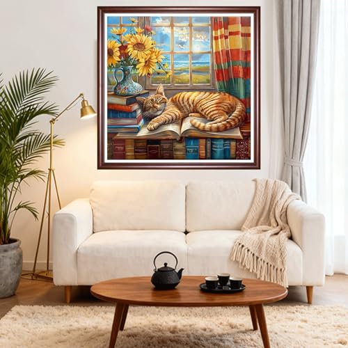 Image of DMCVIVR Stamped Cross Stitch Kits for Beginners Adults Needlepoint Kits for Beginners Embroidery Kits for Adults Crossstitch Kit for Beginners 11CT-Window sill cat Flowers 18x18 inch