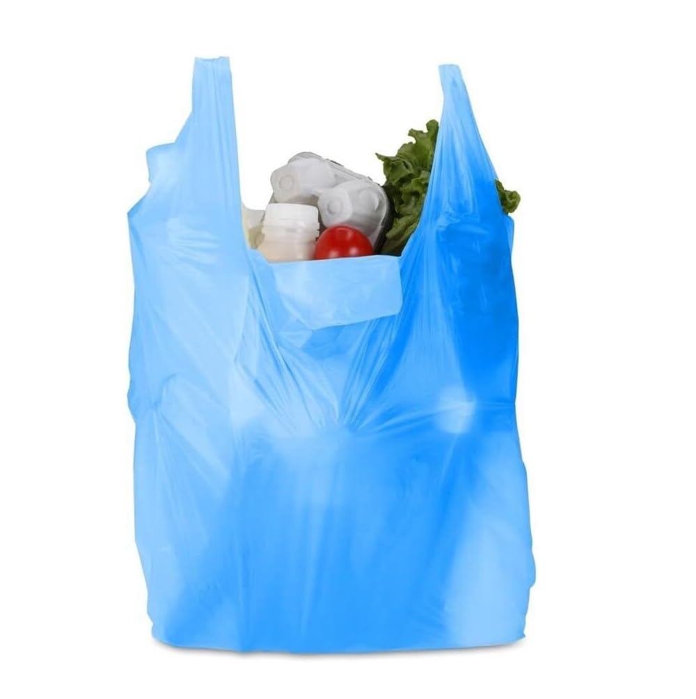 Tezraftaar® 500 x Vest Carrier Bags 16" x 24" x 30" 18mu Blue Heavy Duty Plastic Carry Shopping Supermarket Groceries Bag