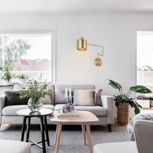Image of Brass Plug in Wall Sconce, Large Adjustable Swing Arm Wall Light Fixture Modern Gold Wall Sconces for Living Room Up Down Hollow Lampshade Bedroom Wall Mount Lamp