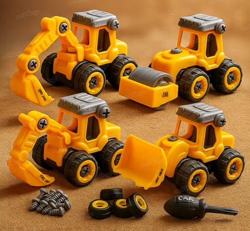Image of Zest 4 Toyz Construction Truck Toy for Kids Set of 4 Take Apart Vehicles with Screwdriver DIY Building Playset Toy for 3 4 5 6 Years Old Boys Girls (Yellow)