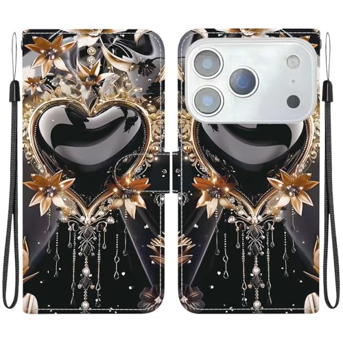 Étui iPhone 14 Pro portefeuille cuir à rabat avec motif cœur noir et doré