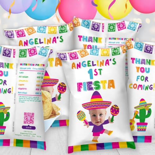 Festive Personalized Fiesta Chip Bag Wrappers for First Birthday, Taco Twosday, Threeesta, or Cinco De Mayo, Colorful Party Supplies and Snack Bags for Kids and Girls' Fiesta Party Decorations