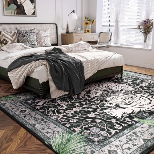 Moynesa Tiger 8x10 Area Rug, Washable Boho Rugs for Living Room, Vintage Large Soft Dining Room Rug, Non Slip Ultra Thin Stain Resistant Floor Carpet for Home Office Bedroom, Black