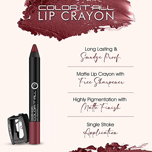 Image of Colors Queen Color It All Long Lasting Pack of 3 & Get 1 Free Crayon Lipstick Combo | Up to 18 Hours Stay | Matte Finish | Water, Smudge Proof (Hot Red, Plum House, Plum Pick & Nude Bomb,3.5g)