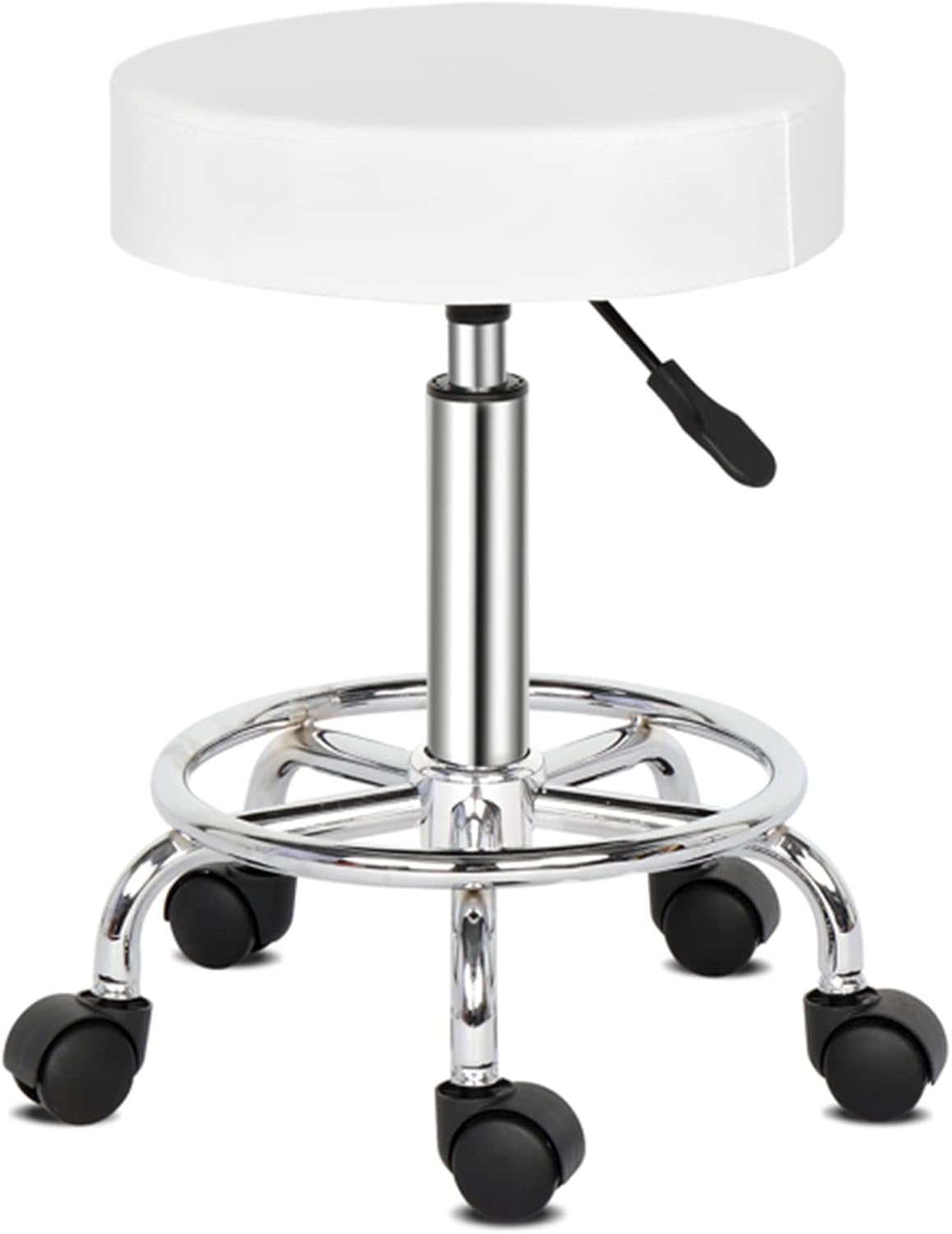 Rolling Stool Round Chair, Height Adjustable Stool with Wheels, PU Leather Chair, Salon Stools Swivel Drafting Work for SPA Doctor,Medical,Massage Salon,Office,Shop,Barber (White)