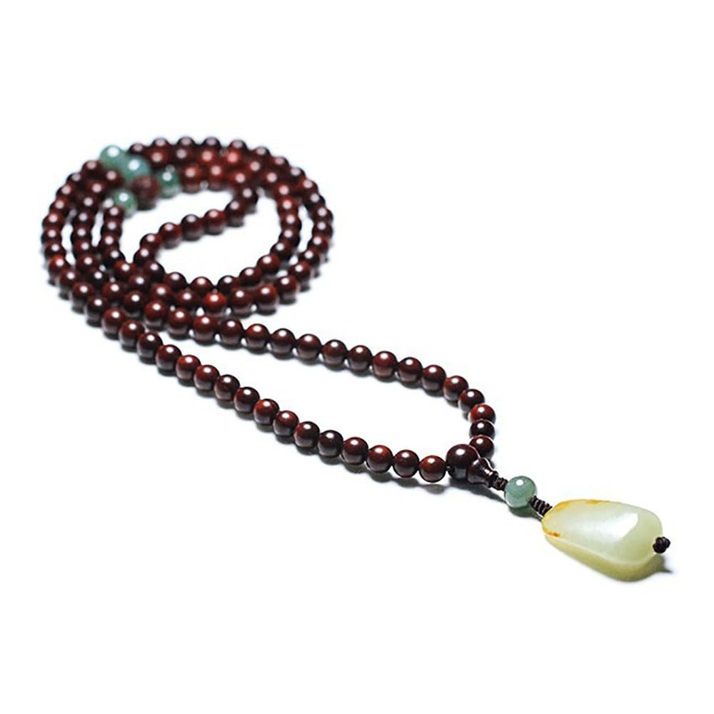 XANAYXWJ Legno di Sandalo Rosso Naturale 108 con Pendente in nefrite, Collana di Perle di Mala Buddista in Legno per Yoga, 8 mm