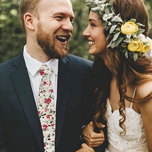 Image of Mantieqingway Men's Skinny Tie, Cotton Floral Ties for Men Wedding Necktie for Groom, Groomsmen, Missions, Dances