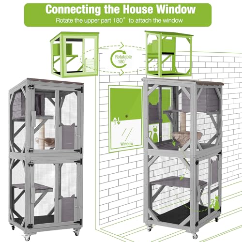 Image of GUTINNEEN Cat House Catio Outdoor Cat Enclosure on Wheels Kitty Shelter with Waterproof Cover,Large Cat Cage with Resting Room,Platforms 62.5 inch