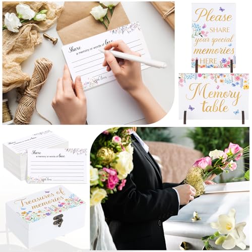 Image of Gilprop 112 Pcs Celebration of Life Memory Cards Set Share a Memory Cards with Box 2 Wood Sign with 4 Hold and 5 Pens, Sympathy Memorial Gifts Funeral Keepsake Decorations(Wildflowers)