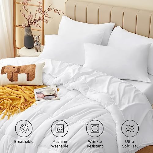 image for CozyLux Queen Comforter Set - 7 Pieces Bed in a Bag Set White, Bedding