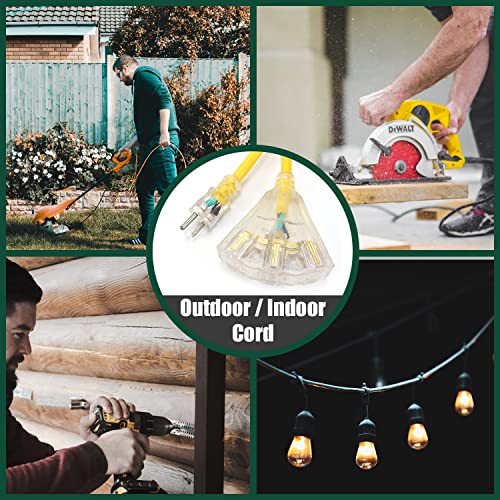 Ep 50 Ft Lighted Outdoor Extension Cord With 3 Electrical Power Outlets - 14/3 Sjtw Heavy Duty Yellow Extension Cable With 3 Prong Grounded Plug - Power Cord For Lawn, Garden, Appliances #TOP5