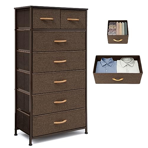 Image of Tall Dressers for Bedroom, 7 Drawers Dresser Fabric Storage Closets Storage Units Organizer Tower Steel Frame Wooden Top for Bedroom, Hallway,Nursery, Entryway(Dark Brown)