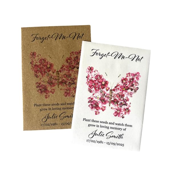 Personalised Forget Me Not Funeral Seed Packet Favours, Pink Forget Me Not Seeds Included, Memorial Funeral Favours, Pack of 10 Favours (Butterfly)
