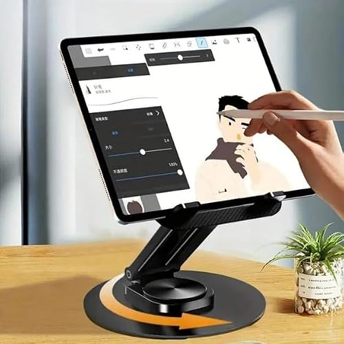 Foldable Desktop Phone Stand, 360° Rotating Base, Adjustable Height, Black, for Tablets and Smartphones