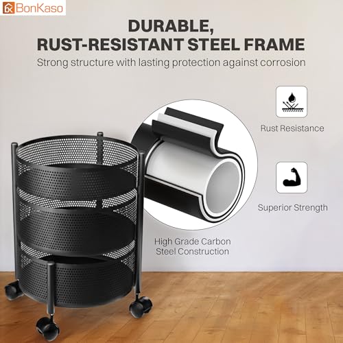 Image of BonKaso 3-Layer Round Multipurpose Kitchen Trolley with Swivel Storage Basket & 360 Rotating Wheels, Black Steel Frame, Easy Mobility, Space-Saving and Durable
