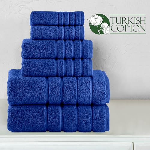 Image of Elegant Comfort 4 Lines Viscose Stripe 6-Piece Premium Towel Set - 100% Turkish Cotton High Absorbent Luxury Bathroom Towels - Includes 2 Washcloths, 2 Hand Towels and 2 Bath Towels Set, Royal Blue