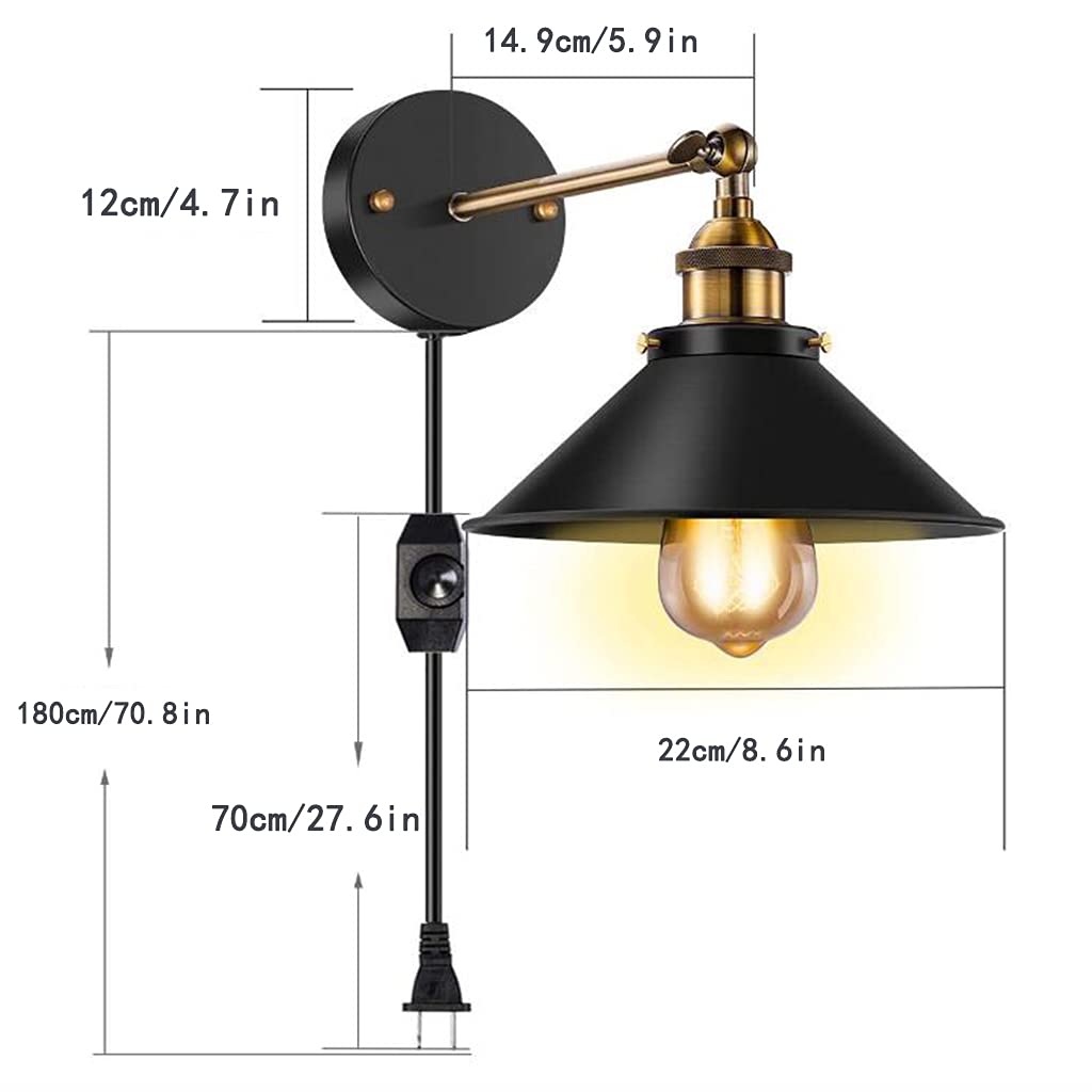Retro Wandleuchte E27 Wandlampe Mit Kabel Für Steckdose Schwarz Modern Einstellbarer Abstrahlwinkel Flurlampe Innen Mit Schalter Bettlampe Wohnzimmer Treppenhaus Schlafzimmer Innenbeleuchtung