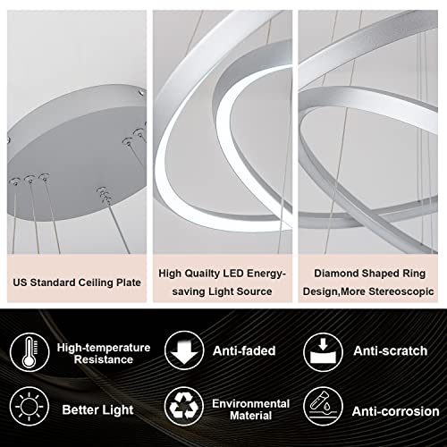 Royal Pearl Modern Led Chandelier 3 Ring Circular Chandelier Dimmable 23.6”Round Pendant Light Contemporary For Dining Living Room Foyer Bedroom 6000K Silver #TOP3