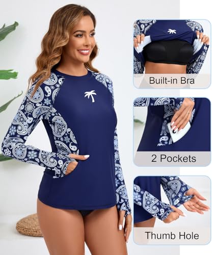 Halcurt Women Swim Shirt with Built in Bra Rash Guard with Pockets Thumb Hole Swimsuit Top2