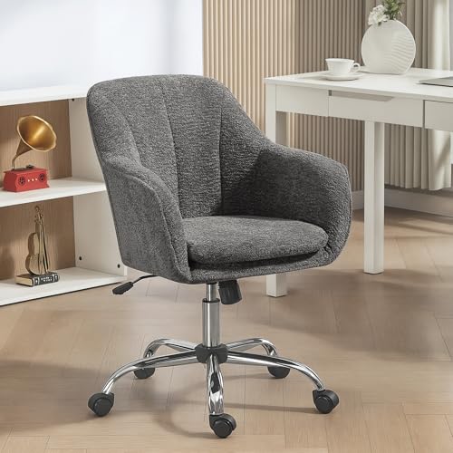 HOMCOM Snow Flannel Office Chair, Modern Makeup Vanity Chair with Tub Back, Swivel Rolling Computer Armchair for Bedroom, Living Room, Grey