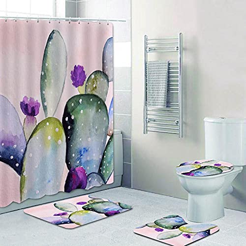 ZDDWLDL 4Pcs Duschvorhänge Set Mit Rutschfesten Teppichen,Toilettendeckel und Badematte Rosa Grün-Violette Kaktusblüten…