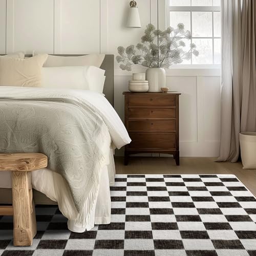 Image of EverGrace Checkered Plaid Area Rug 6x9, Soft Faux Wool Rugs Washable Anti Slip Rugs Large Rug Carpet for Entryway Bedroom Living Room Hallway Kitchen and Laundry Room, Black and White