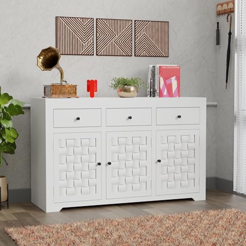 Image of Solid Sheesham Niwar Wood Deco White 3 Drawers and 3 Shelves Chest of Drawer, Storage Organizer Sideboard, Kitchen Cabinet, Cupboard Furniture for Bedroom, Living Room, Home & Office