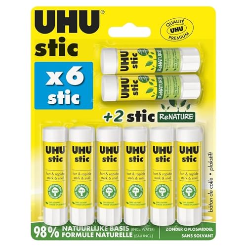 UHU Stic - Bâton de Colle Sans Solvants - Colle Enfant, Loisirs Créatifs, Bureau, Maison, École - Blanche - Fournitures de Bureau - Lot de 6 Stics de 8,2 g + 2 Stics ReNature de 8,2 g