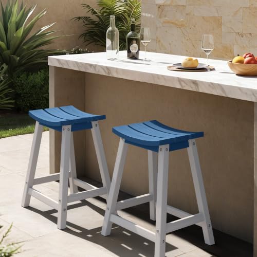 Image of Ciokea 2 Set 24 inch Outdoor Bar Stools Heavy Duty HDPE Counter Height Bar Stools Weatherproof Patio Seats Modern Waterproof BarStools for Bar Deck Balcony Counter Yard, White and Navy Blue