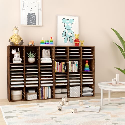 Solinxe Wooden File Organizer, 48 Slots Literature Mail Sorter Document Paper Storage Rack with Adjustable Shelves, Large Mailbox Cubbies for Office Home Classroom, Antique