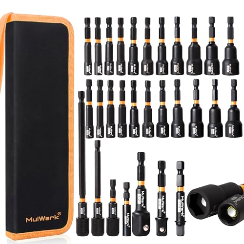 MulWark 29 Piece Magnetic Nut Driver Set, Impact drill socket adapter, SAE, and Metric Nut Driver Set Includes Magnetic Bit Holder, Quick Release Extension with Storage Bag – Christmas Gift