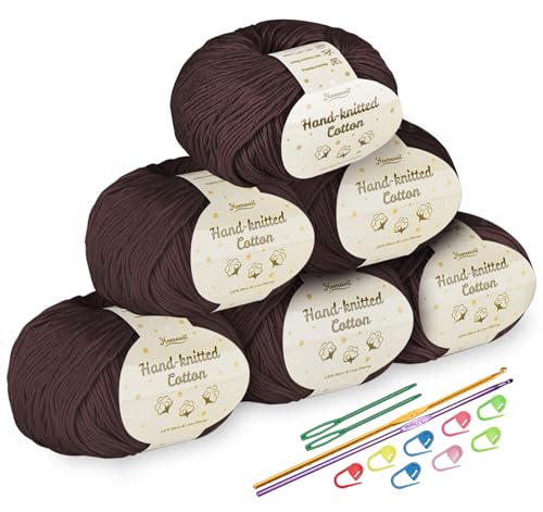 Homewit Wolle zum Häkeln und Stricken 6 x 50g/165m Strickgarn, 100% Baumwollgarn zum Häkeln,Crochet Yarn für Häkeln Stricken und Handwerk-Braun