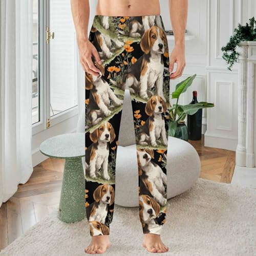 Beagle Puppy Dog Orange Flower Men's Pajama Bottoms Sleep Lounge Soft Comfy Pants Sleepwear2