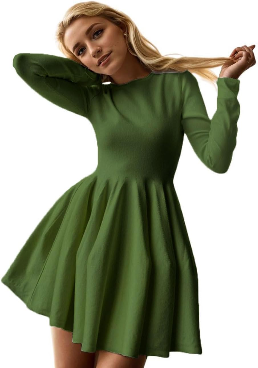 CHARTOU Women Basic Sweater Dress Long Sleeve Pleated Flared Knitted Short Dresses - Image 2