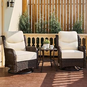 Luxury High Back Outdoor Swivel Rocker Patio Chairs Set of 2 with 6 Inch Thick Cushions and Side Table Ideal for Porch Poolside Deck and Yard in Cream White