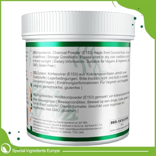 AKTIVKOHLEPULVER 250g HÖCHSTER QUALITÄT ULTRA-FEINES PULVER HERGESTELLT AUS KOKOSNUSS-SCHALE (DEUTSCHE ETIKETTEN UND ANLEITUNGEN)