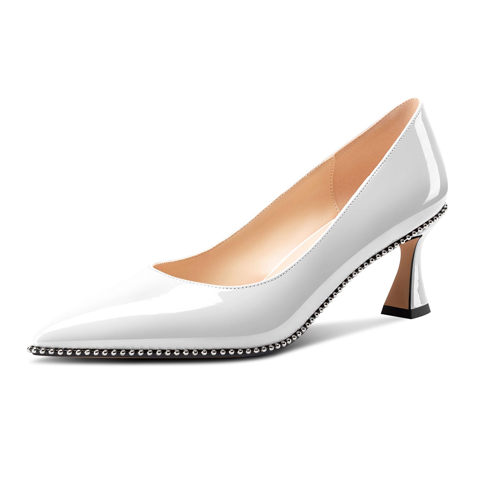 TNYNFBEB Womens Kitten Heel Pointed Toe Pumps Slip-on Sliver Beaded Prom Wedding Dress Basic Classic Patent Leather Summer 2.6 Inches Heels