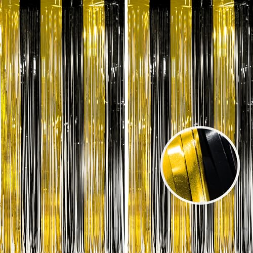 BRAVESHINE New Years Eve decorations 2026 Black and Gold Tinsel Backdrop - 2PCS 3.3x8.2ft Glitter Foil Fringe Curtain Party Streamers Photo Booth Props for Retirement Prom Graduation Party Decorations