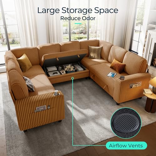 Image of LINSY HOME Sectional Sleeper Sofa with Pull Out Couch Bed - Convertible Plush Corduroy Cloud Couch with Storage Chaise & USB Charging, Comfy Modular Couches for Living Room, Brown