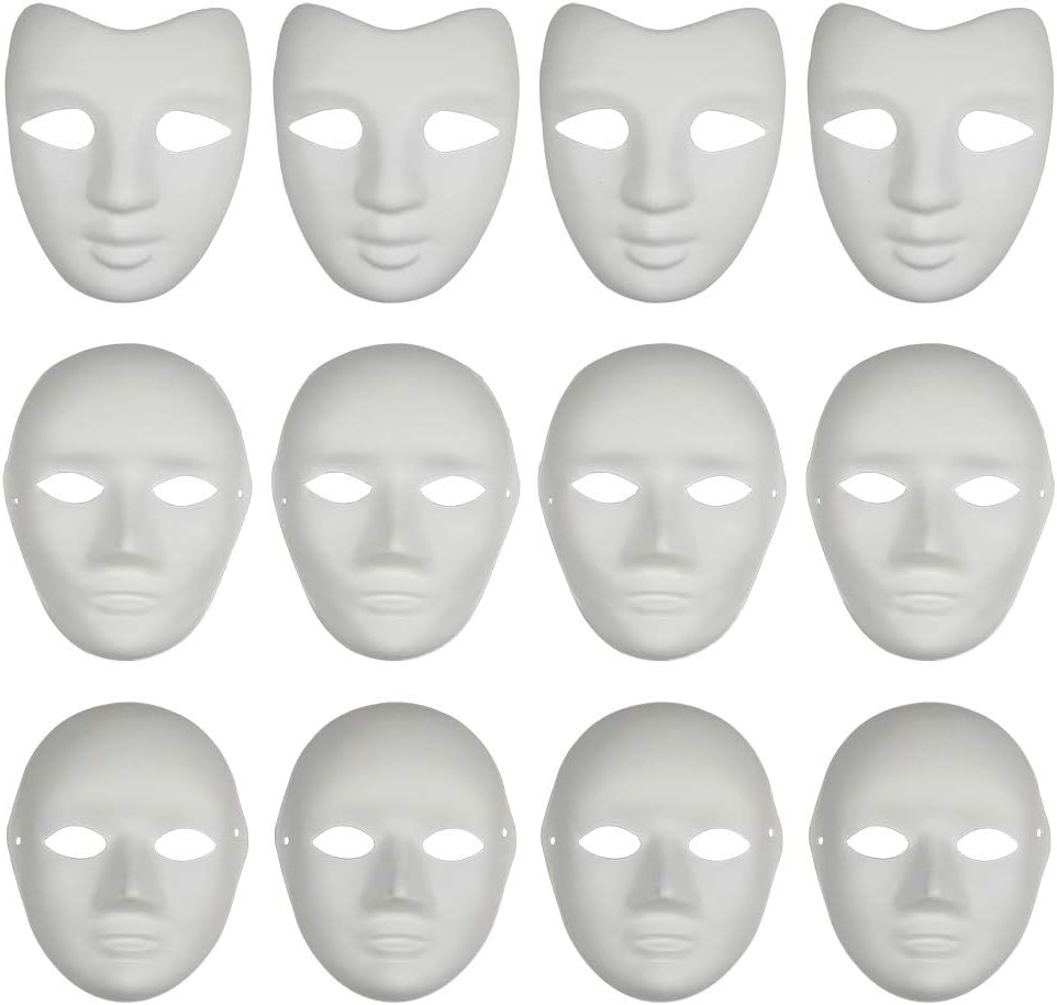 CSPRING 12PCS Paper Face DIY Mask Paintable White Plain Mask Costume for Mardi Gras Cosplay Masquerade Dance Party