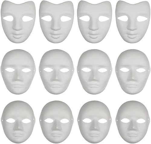 12 máscaras de papel maché de papel blanco, máscaras de cara completa, máscara pintable en blanco, disfraz para Mardi Gras, cosplay, baile de