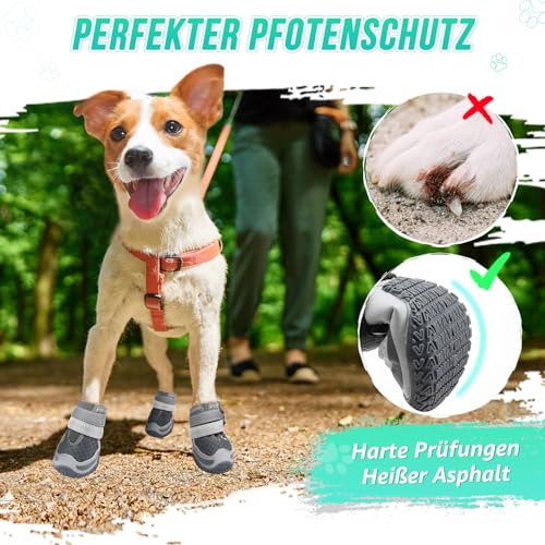 Eyein 2 Stück Hundeschuhe, Masche Atmungsaktiv Hundeschuhe Pfotenschutz mit Rutschfester Sohle für heiße Sommerböden, Reflektierende Hundeschuhe für nächtliche Spaziergänge im Freien (Grau, Größe 5)